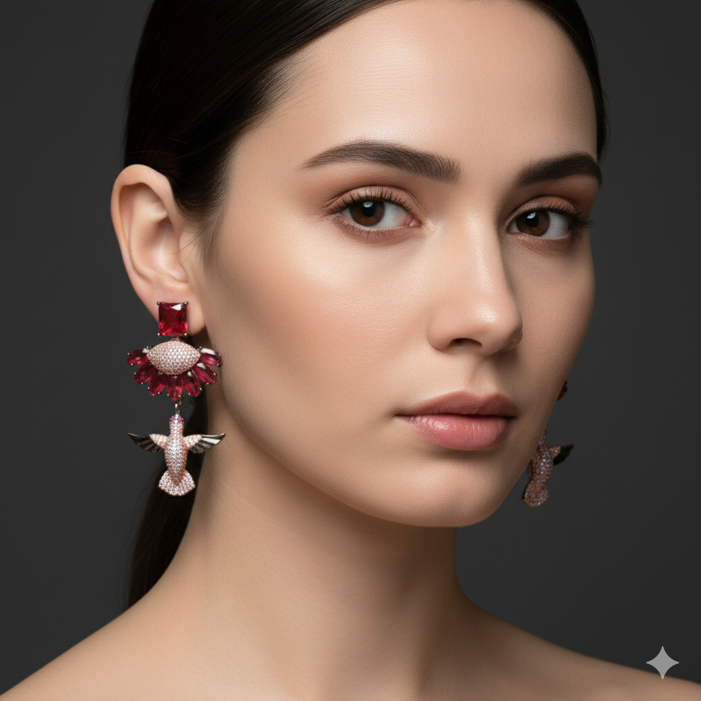 Ruby Red Bird Motif Statement Earrings