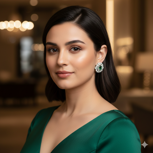 Emerald Crescent Halo CZ Stud Earrings