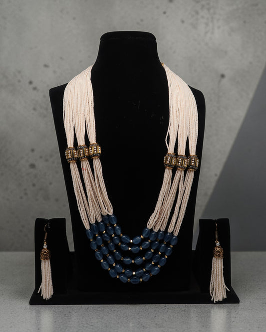 Ivory Pearl & Sapphire Blue Layered Necklace Set