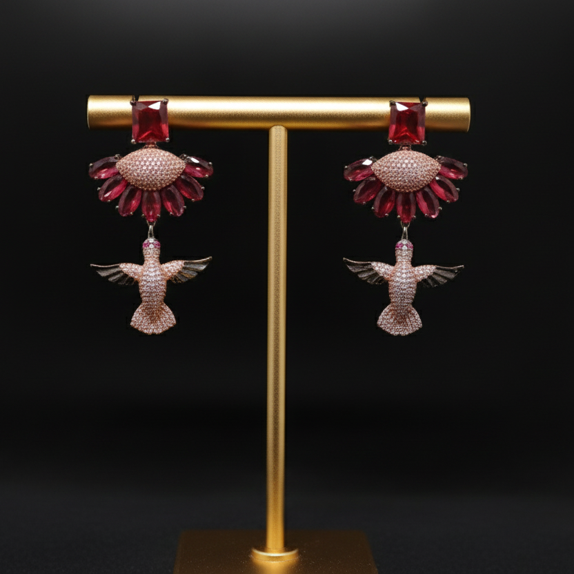 Ruby Red Bird Motif Statement Earrings