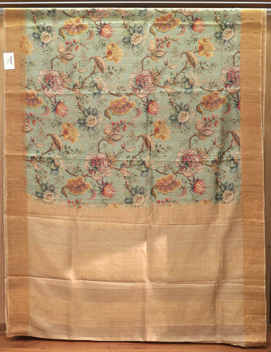 Sage Green Floral Printed Pure Tassar Silk Saree
