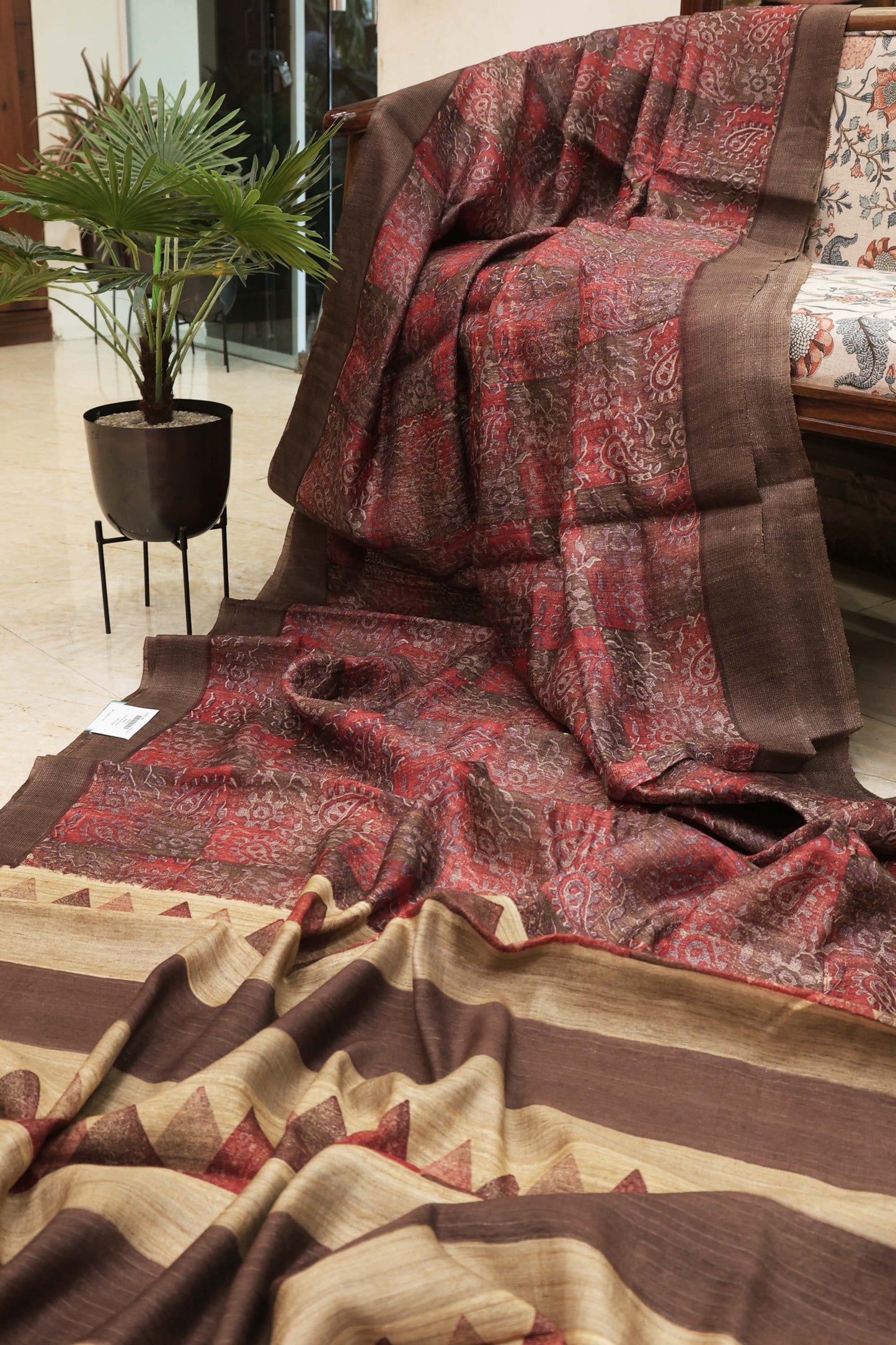 Rust Red Traditional Print Pure Tassar Silk Saree