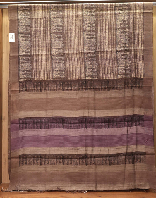 Earthy Brown Abstract Print Pure Tassar Silk Saree