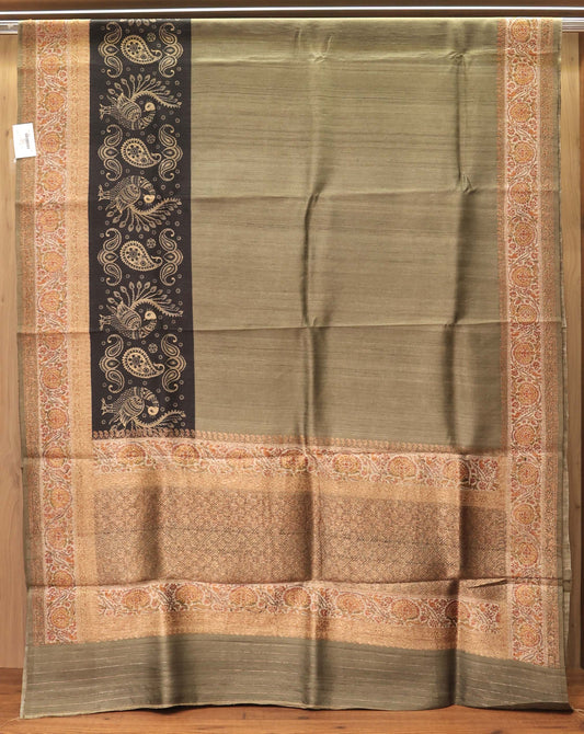 Olive Green & Black Printed Pure Tassar Silk Saree