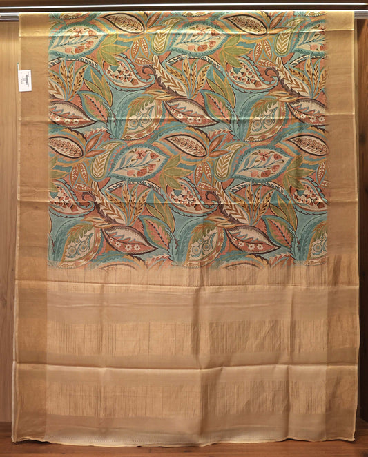 Beige & Teal Artistic Print Pure Tassar Silk Saree