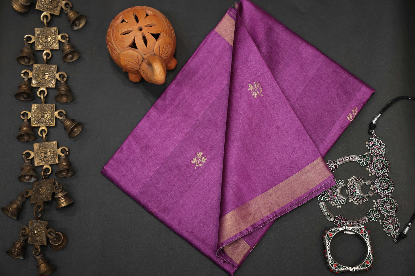 Pure Tussar Silk Saree with Leaf Motifs and Woven Anchal