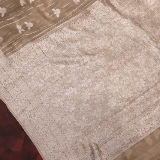 Ivory Beige Pastel Georgette Banarasi Saree with Silver Zari