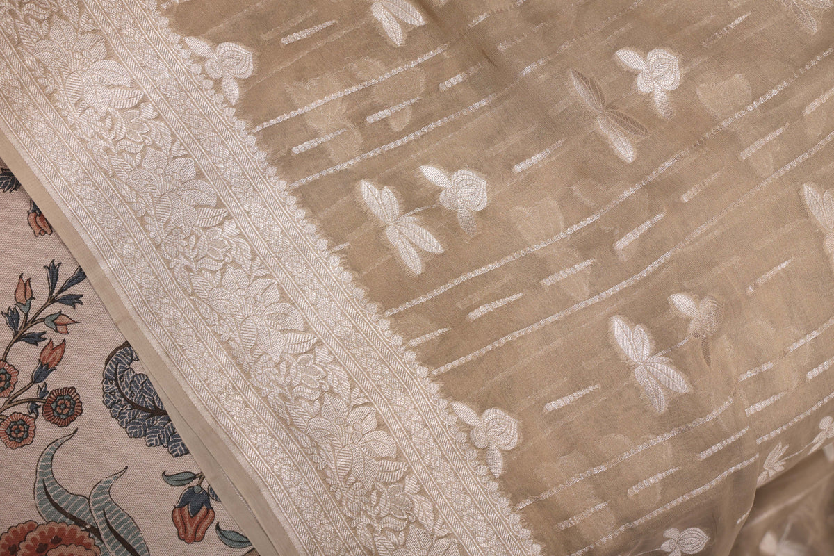 Ivory Beige Pastel Georgette Banarasi Saree with Silver Zari