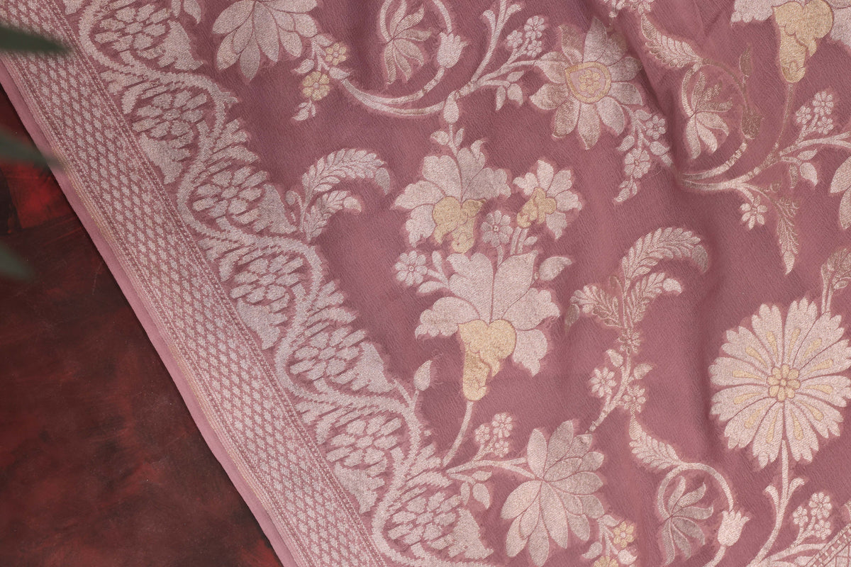 French Rose Georgette Banarasi Saree with Silver & Gold Zari