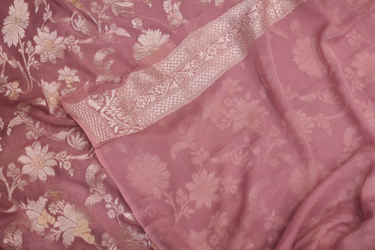 French Rose Georgette Banarasi Saree with Silver & Gold Zari