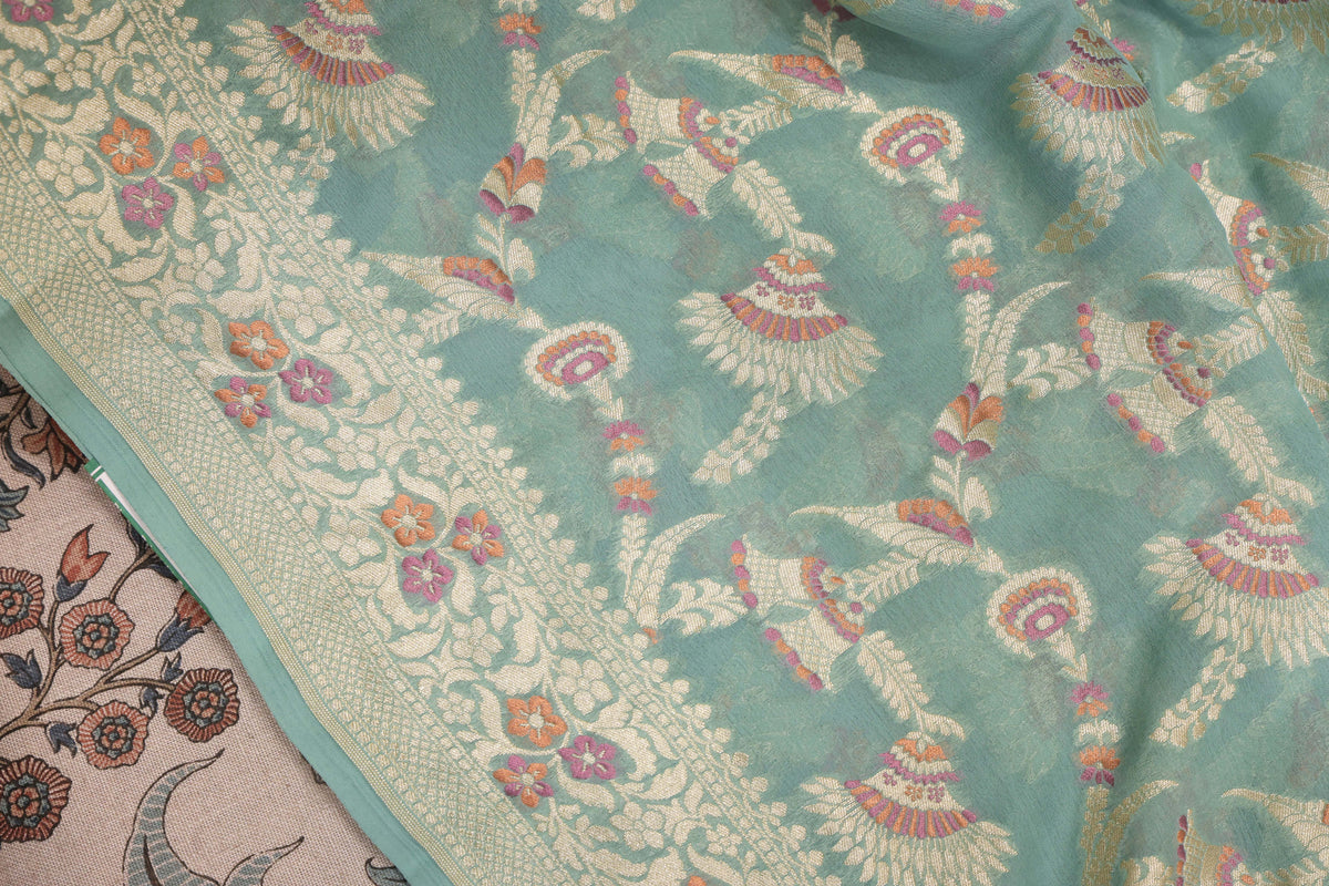 Seafoam Mint Georgette Banarasi Saree with Floral Jaal