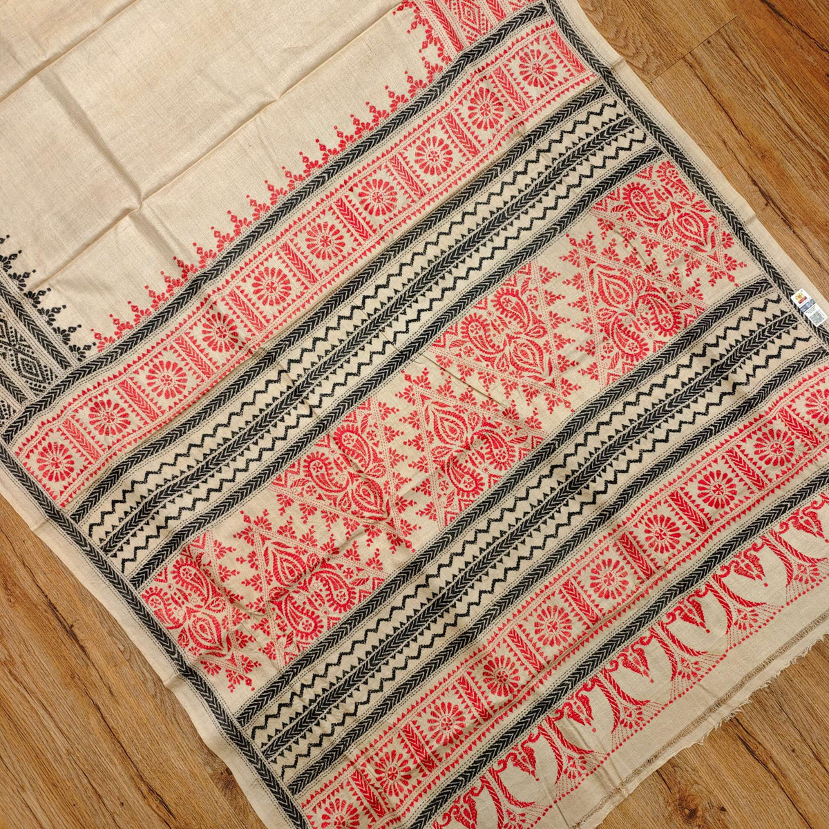 Pure Tassar Silk Saree with Kantha Stitch – Ganga-Jamuna Border