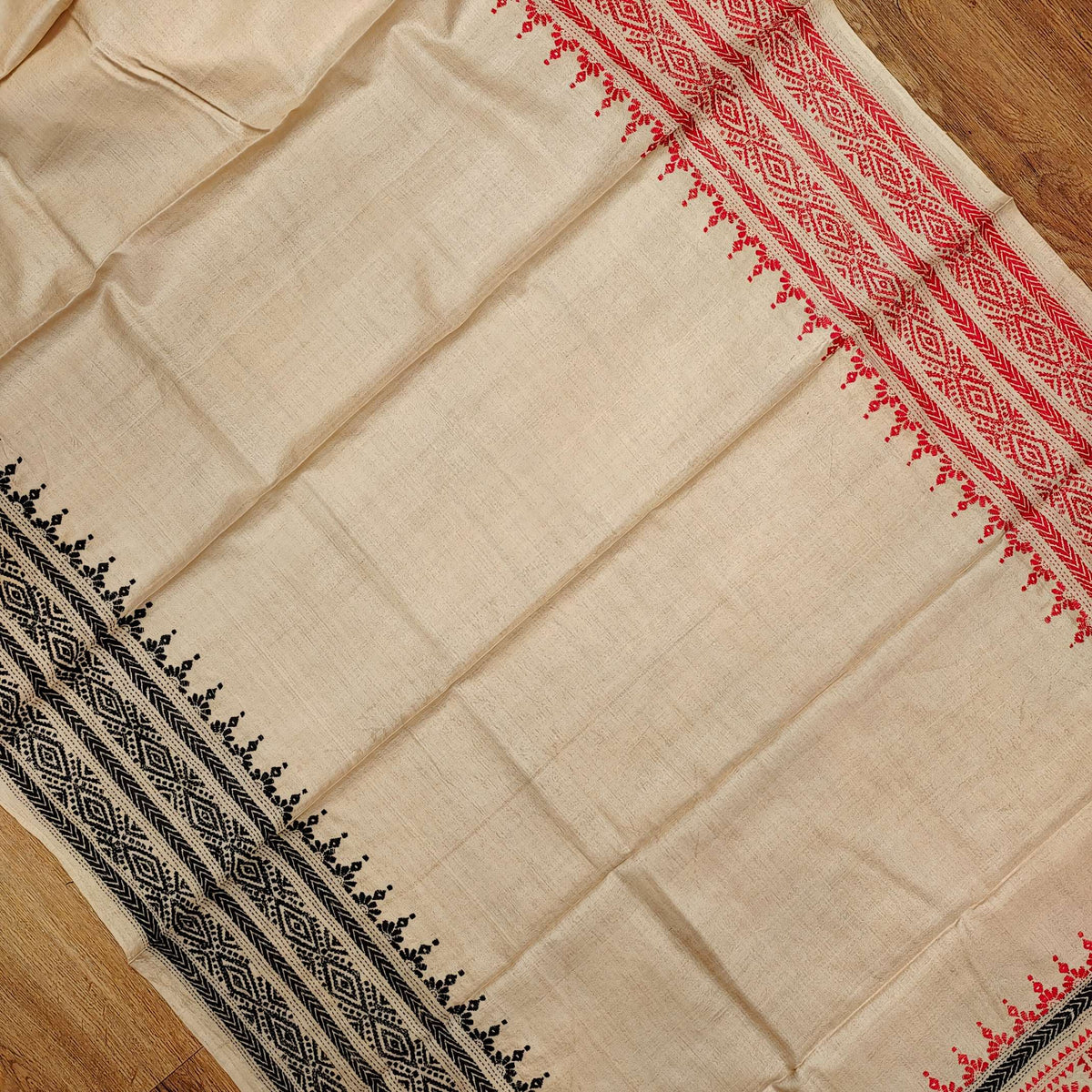 Pure Tassar Silk Saree with Kantha Stitch – Ganga-Jamuna Border