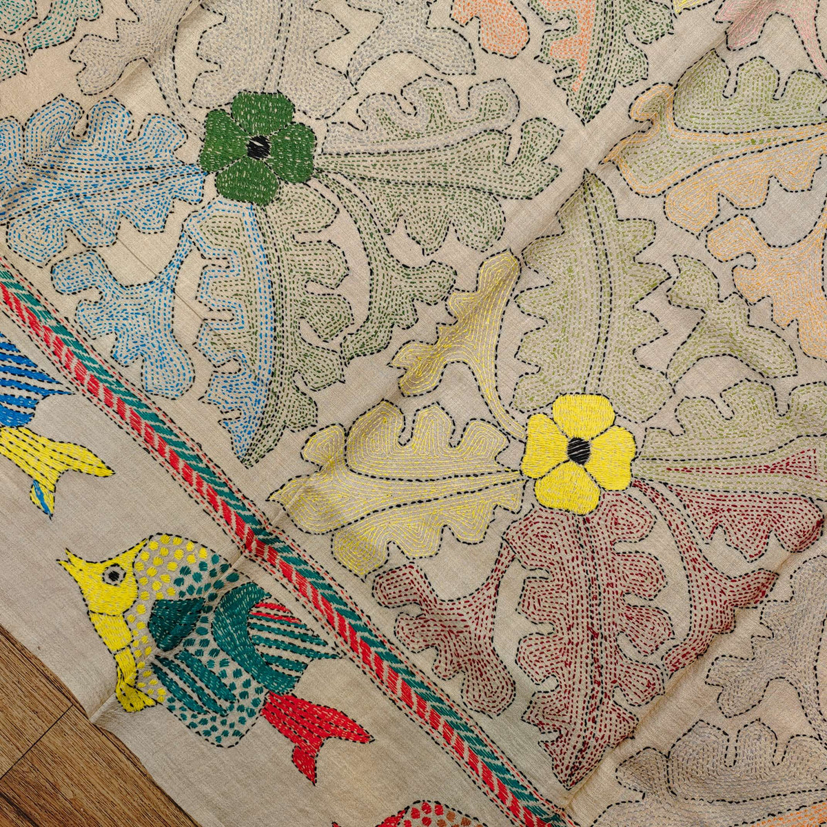 Pure Tassar Silk Saree with Multicolor Kantha Stitch – Fish Motif Design