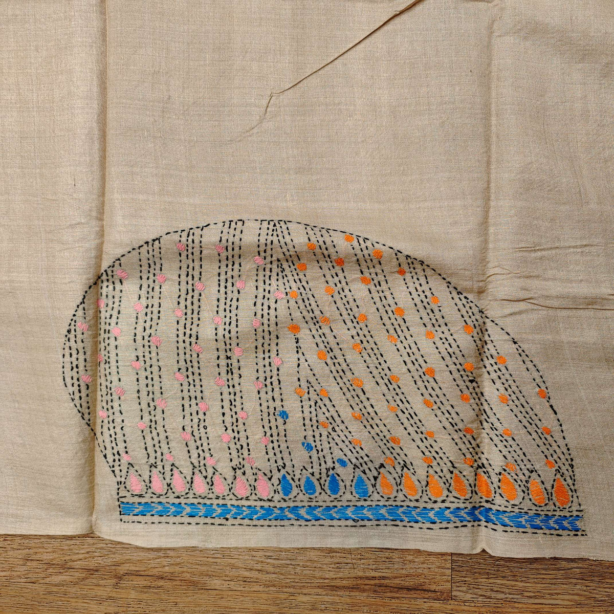 Pure Tassar Silk Saree with Multicolor Kantha Stitch – Fish Motif Design