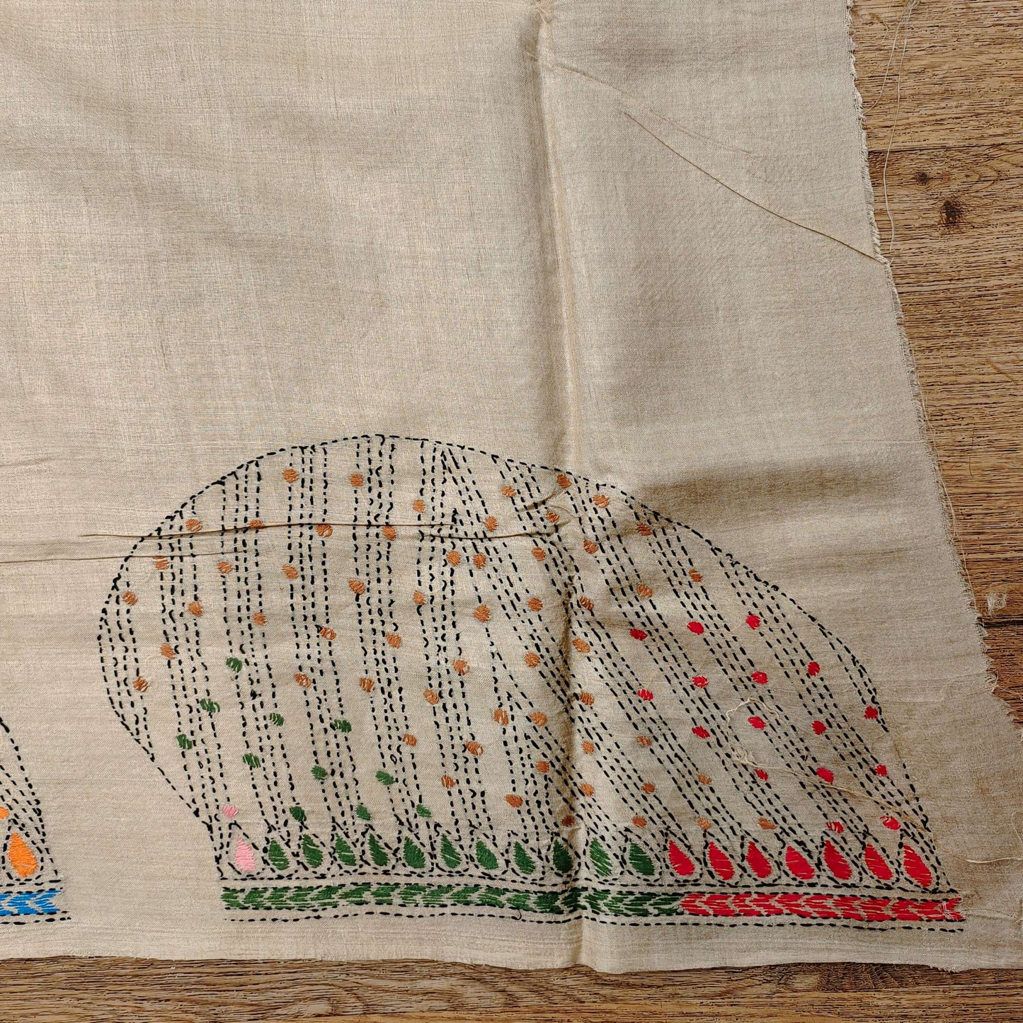 Pure Tassar Silk Saree with Multicolor Kantha Stitch – Fish Motif Design