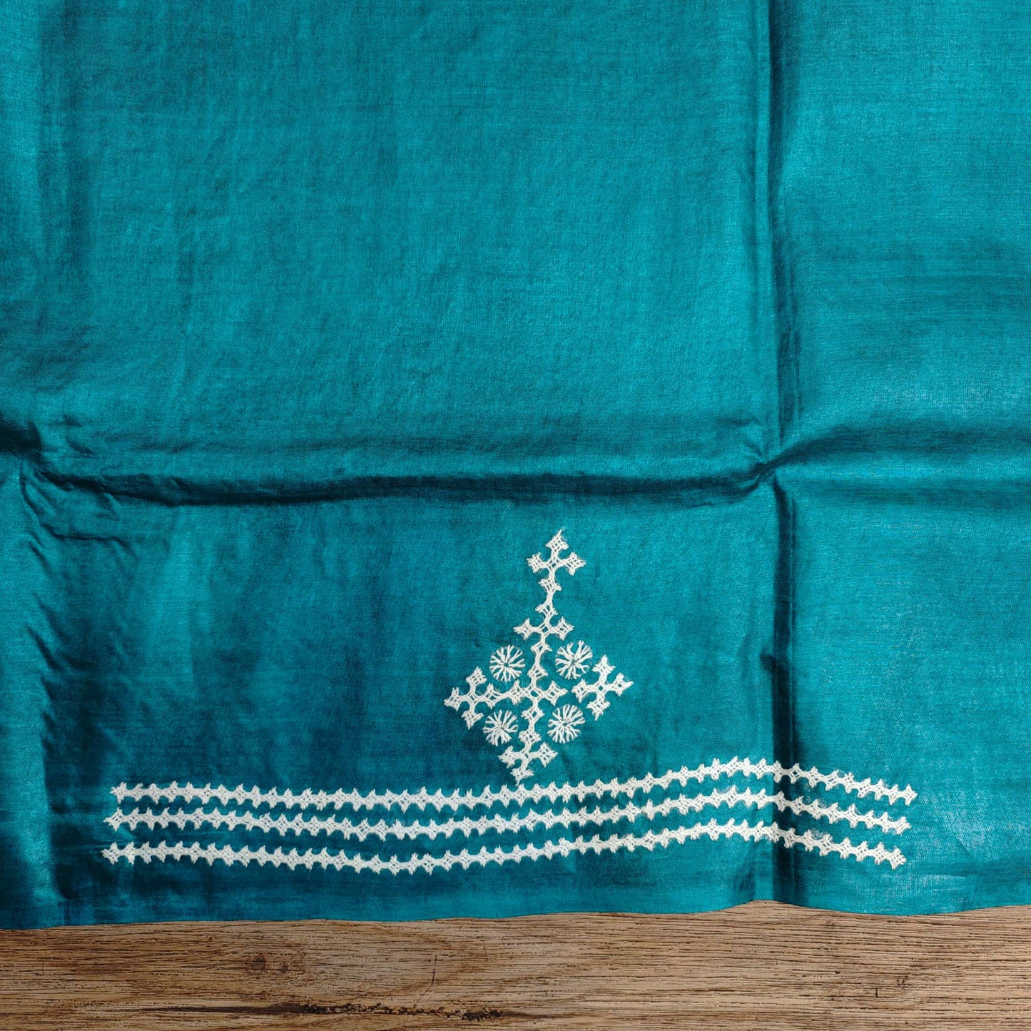 Golden Yellow Tussar Silk Saree with Intricate Gujarati Embroidery