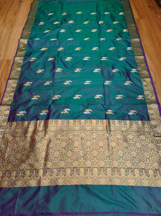 Deep Teal Green Kataan Silk Banarasi Saree with Antique Gold Zari Border