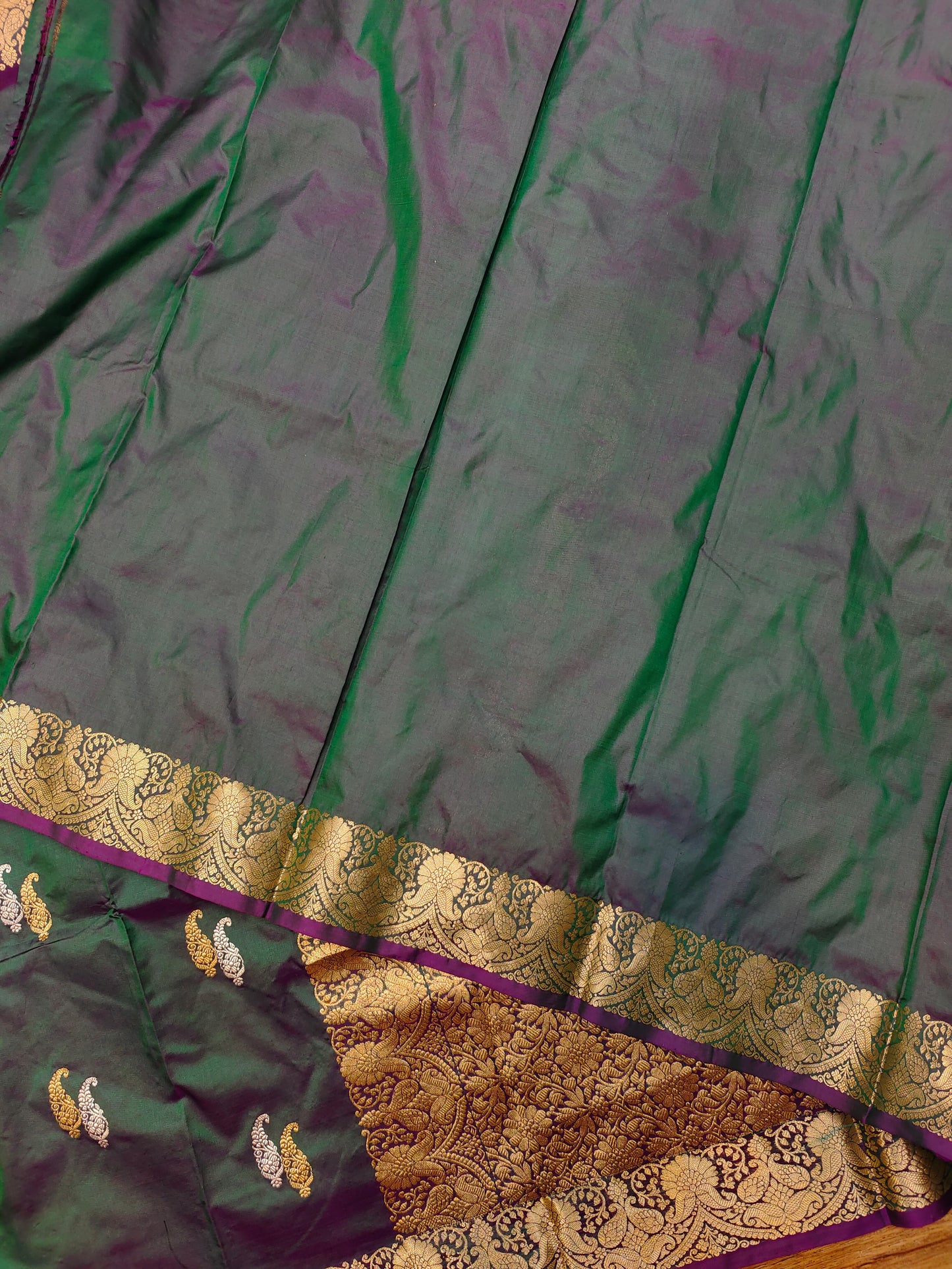 Deep Teal Green Kataan Silk Banarasi Saree with Antique Gold Zari Border