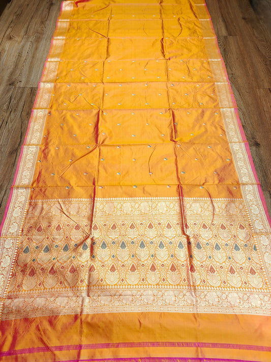 Fiery Yellow-Pink Kataan Silk Banarasi Saree with Meena Buti & Rich Gold Zari Pallu