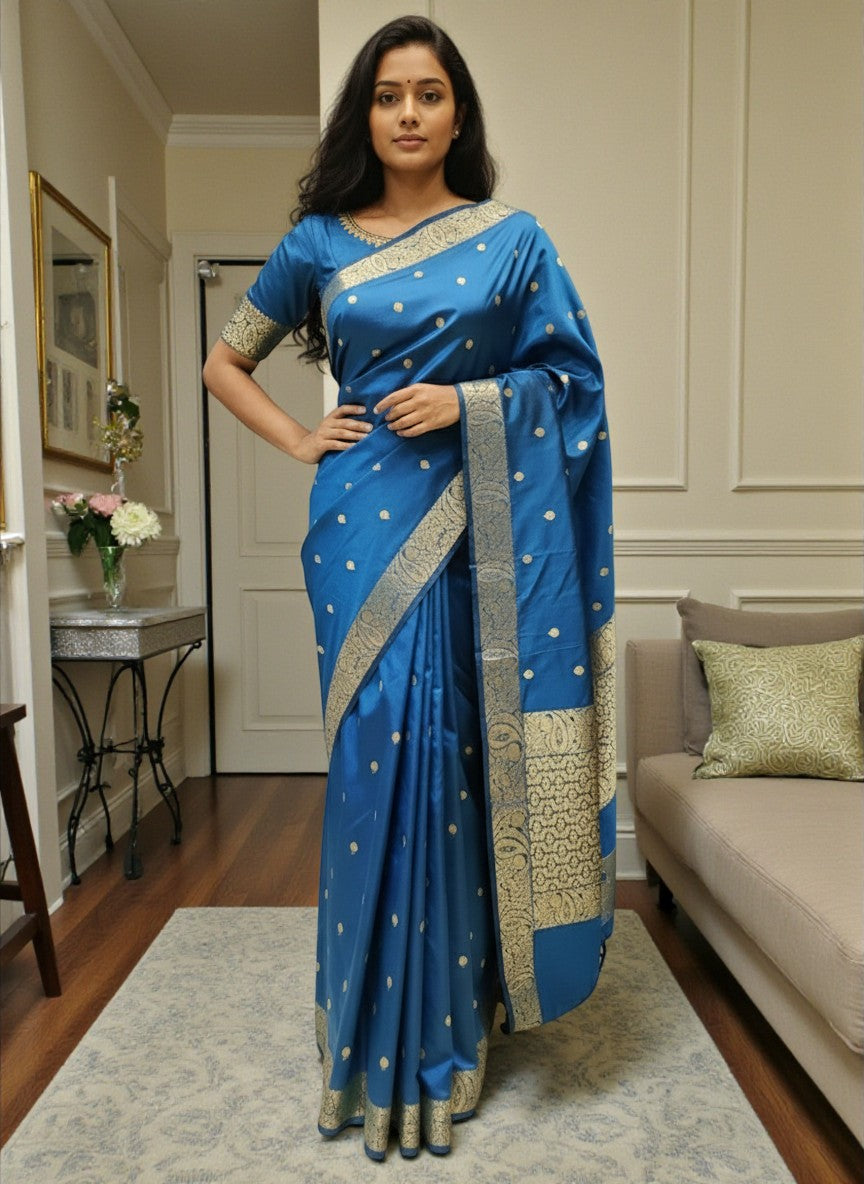 Royal Blue Kataan Silk Banarasi Saree with Gold Zari Border