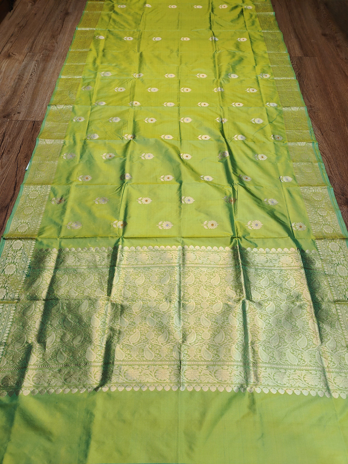 Parrot Green Kataan Silk Banarasi Saree with Intricate Gold Zari Border