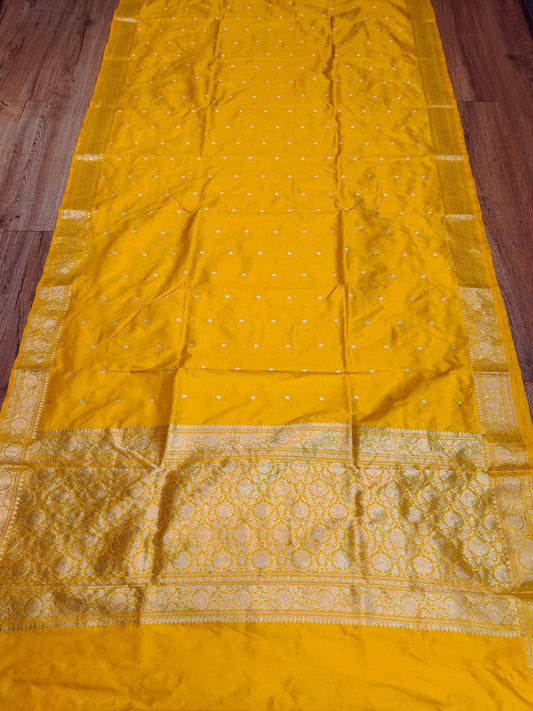 Bright Yellow Kataan Silk Banarasi Saree with Traditional Gold Zari Pallu