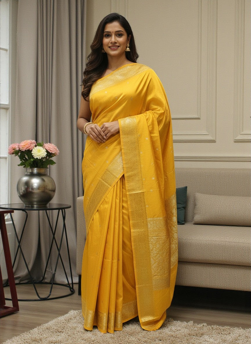 Bright Yellow Kataan Silk Banarasi Saree with Traditional Gold Zari Pallu