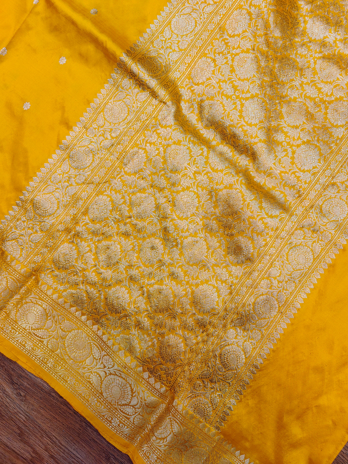 Bright Yellow Kataan Silk Banarasi Saree with Traditional Gold Zari Pallu