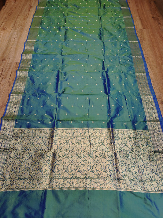 Peacock-Toned Kataan Silk Banarasi Saree with Elegant Gold Zari Border