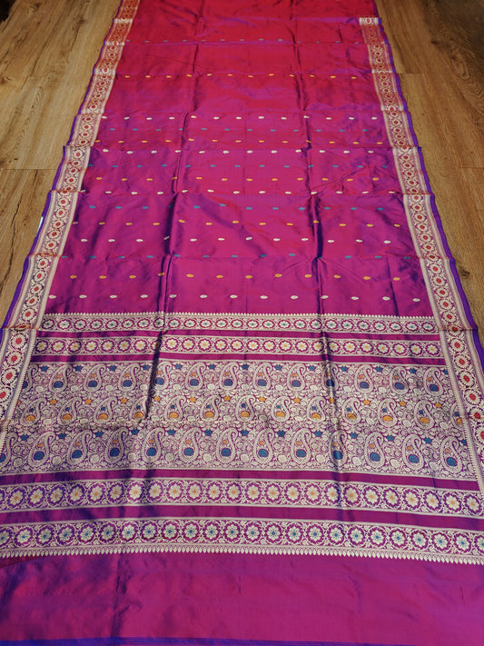 Magenta–Purple Cross-Toned Kataan Silk Banarasi Saree with Multicolour Accents
