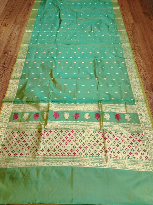 Aqua Green Kataan Silk Banarasi Saree with Meena & Resham Zari Work
