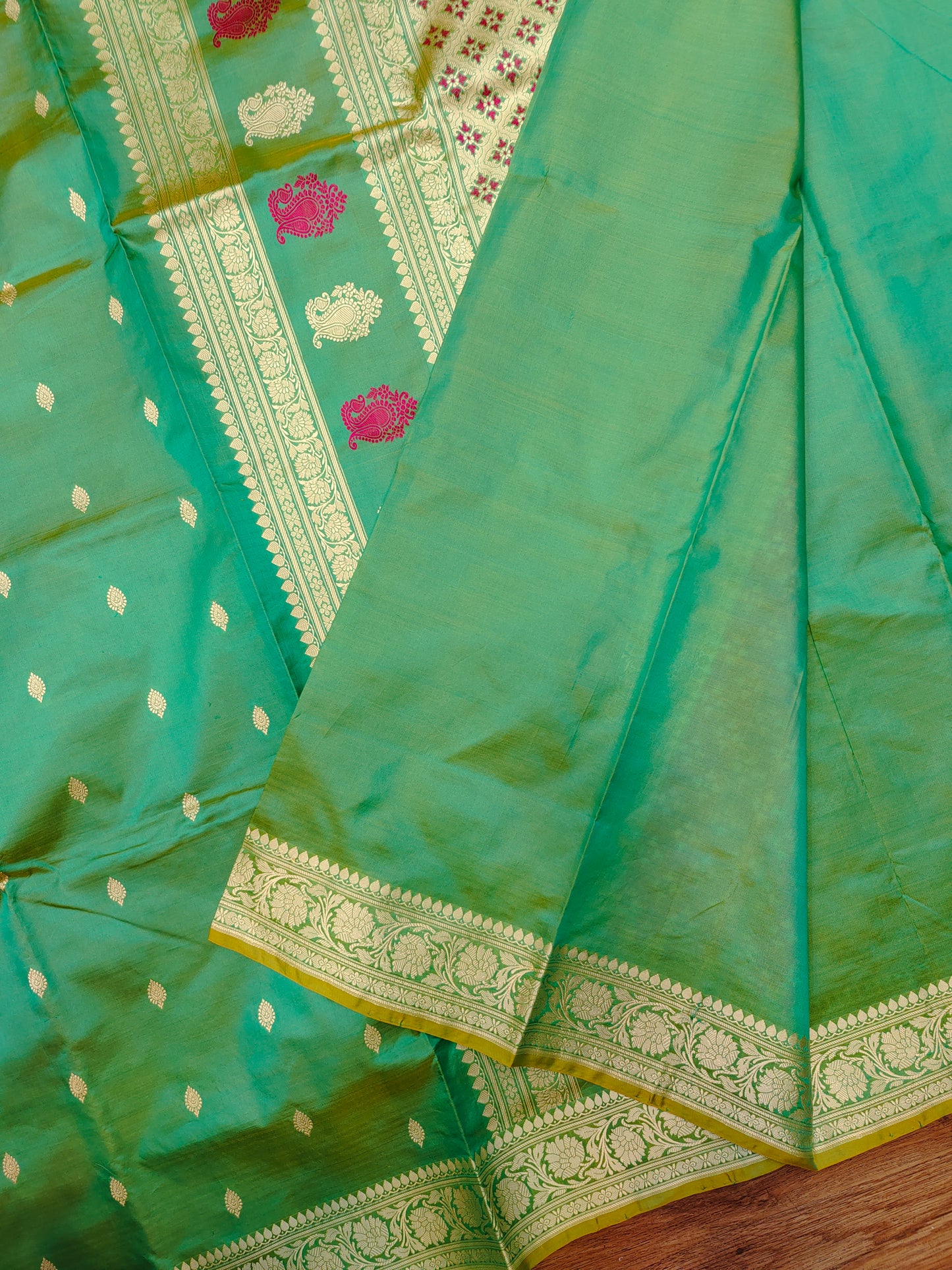 Aqua Green Kataan Silk Banarasi Saree with Meena & Resham Work