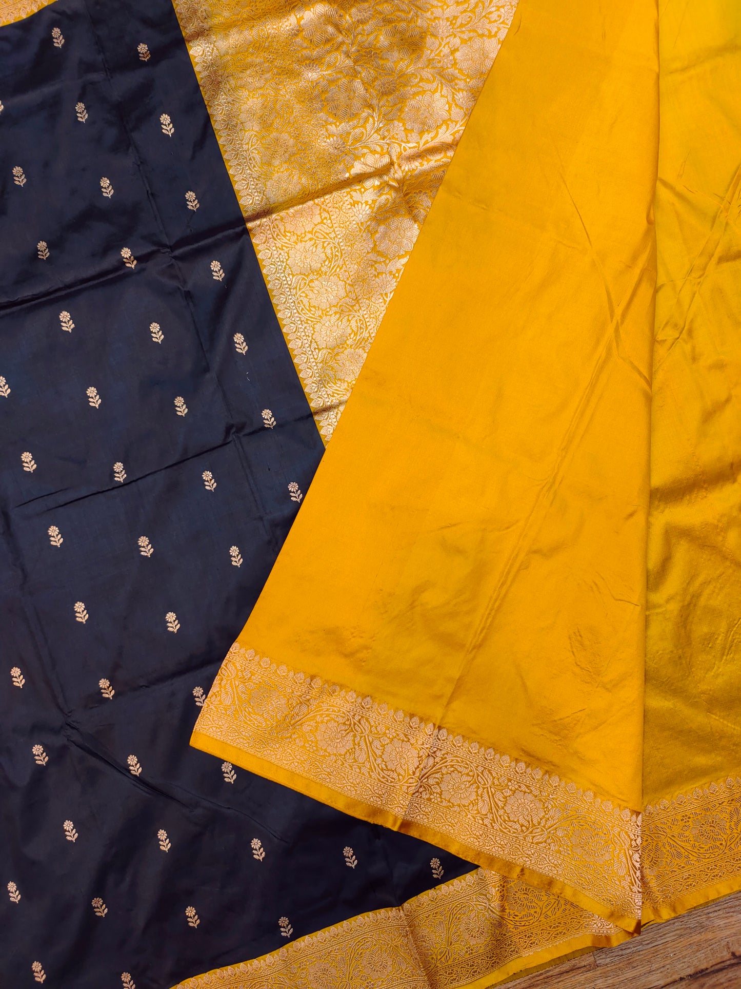 Black & Ochre Yellow Kataan Silk Banarasi Sari with Rich Gold Zari Pallu