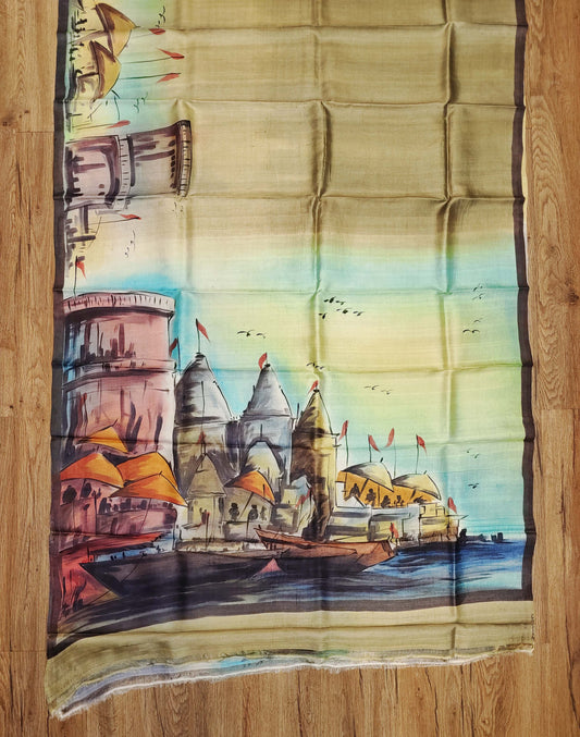 Hand Painted Banaras Ghat Pure Tussar Silk Saree