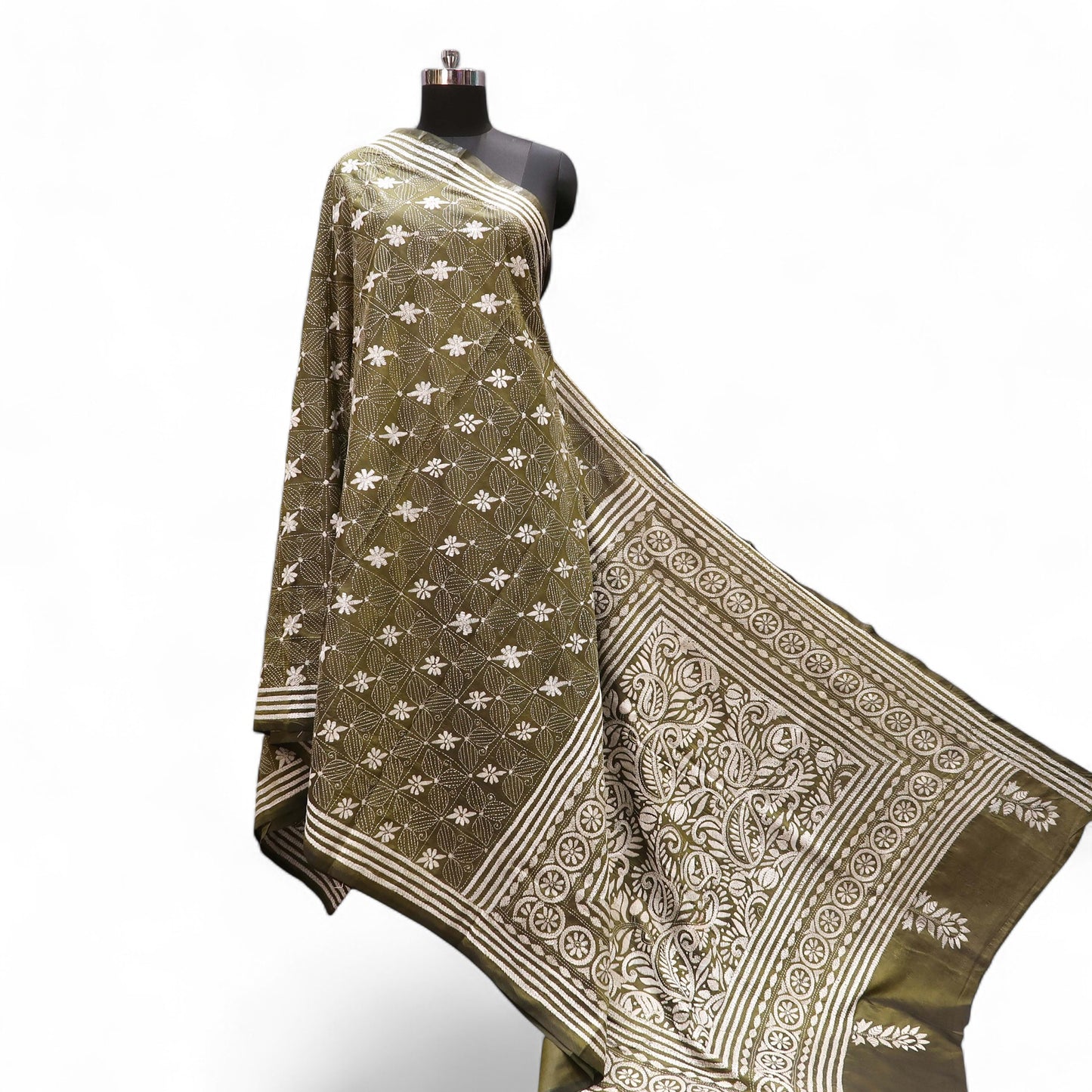 Olive Green Kantha Stitch Saree with Ivory Motifs