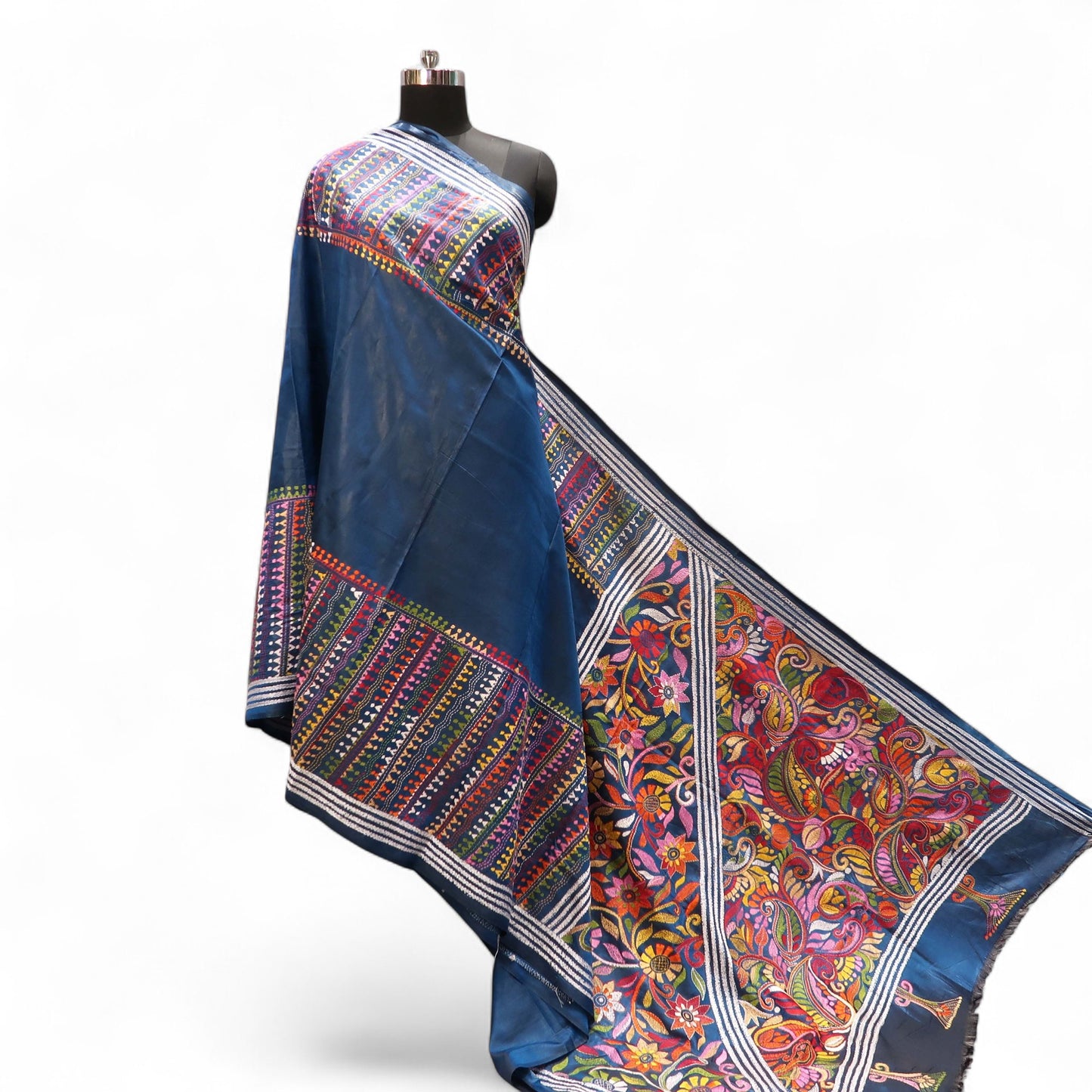 Midnight Blue Kantha Saree with Multicolour Pallu