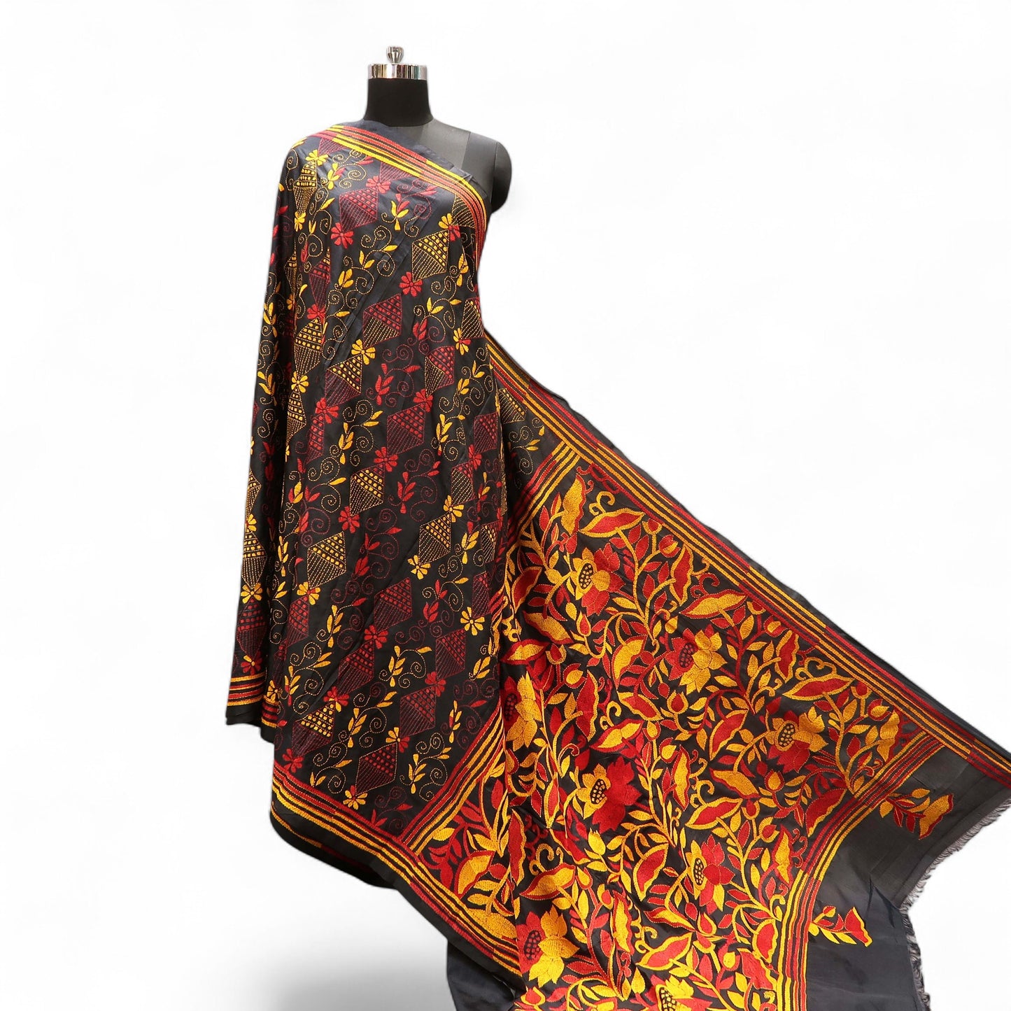 Black Kantha Embroidered Saree with Red & Yellow Accents