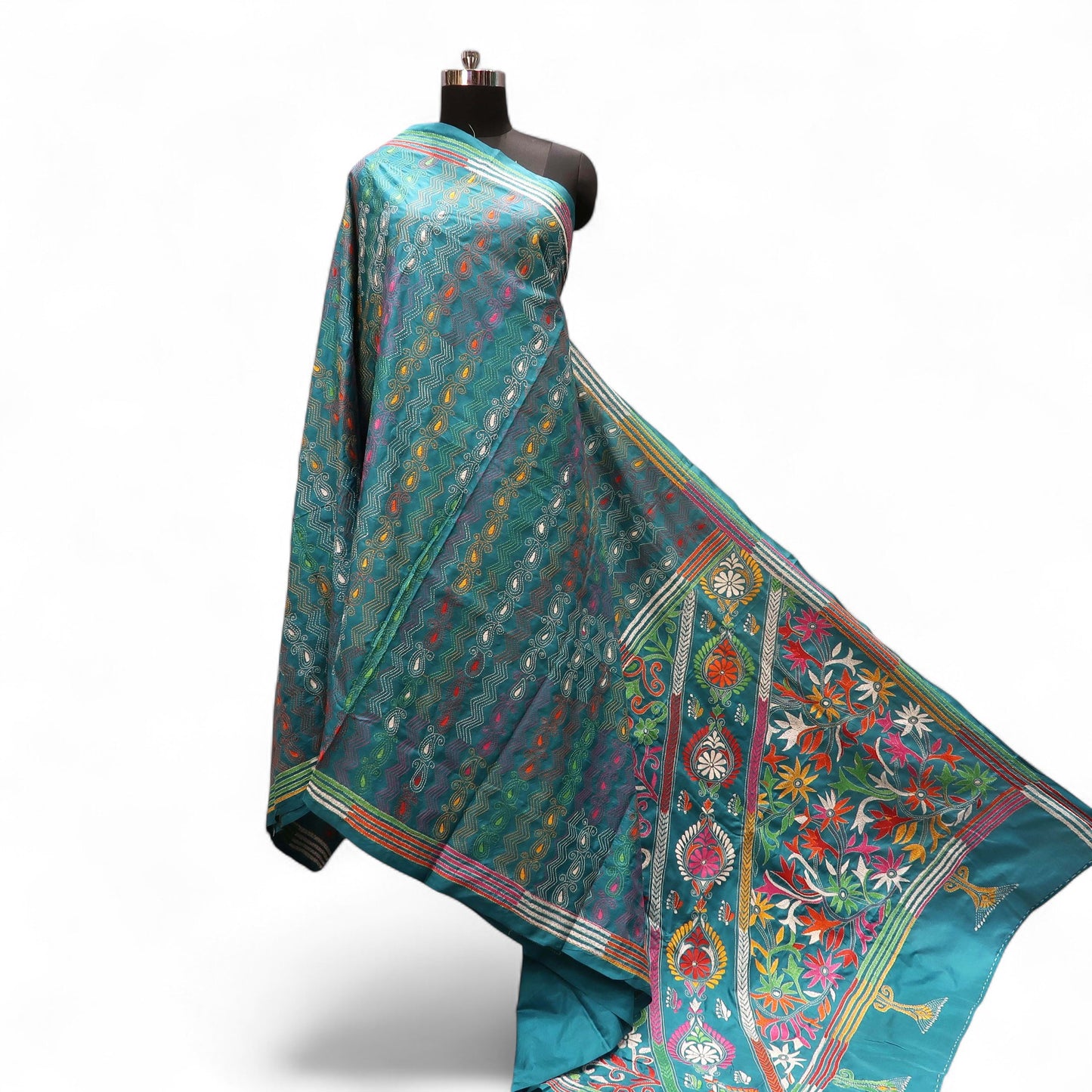 Teal Blue Kantha Saree with Multicolour Floral Pallu