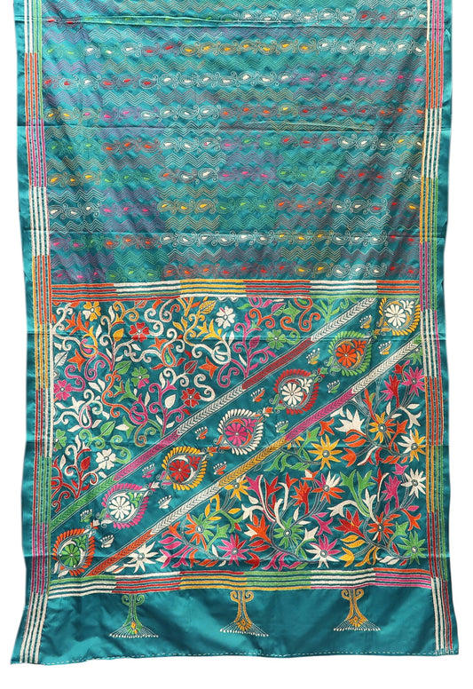 Teal Blue Kantha Saree with Multicolour Floral Pallu