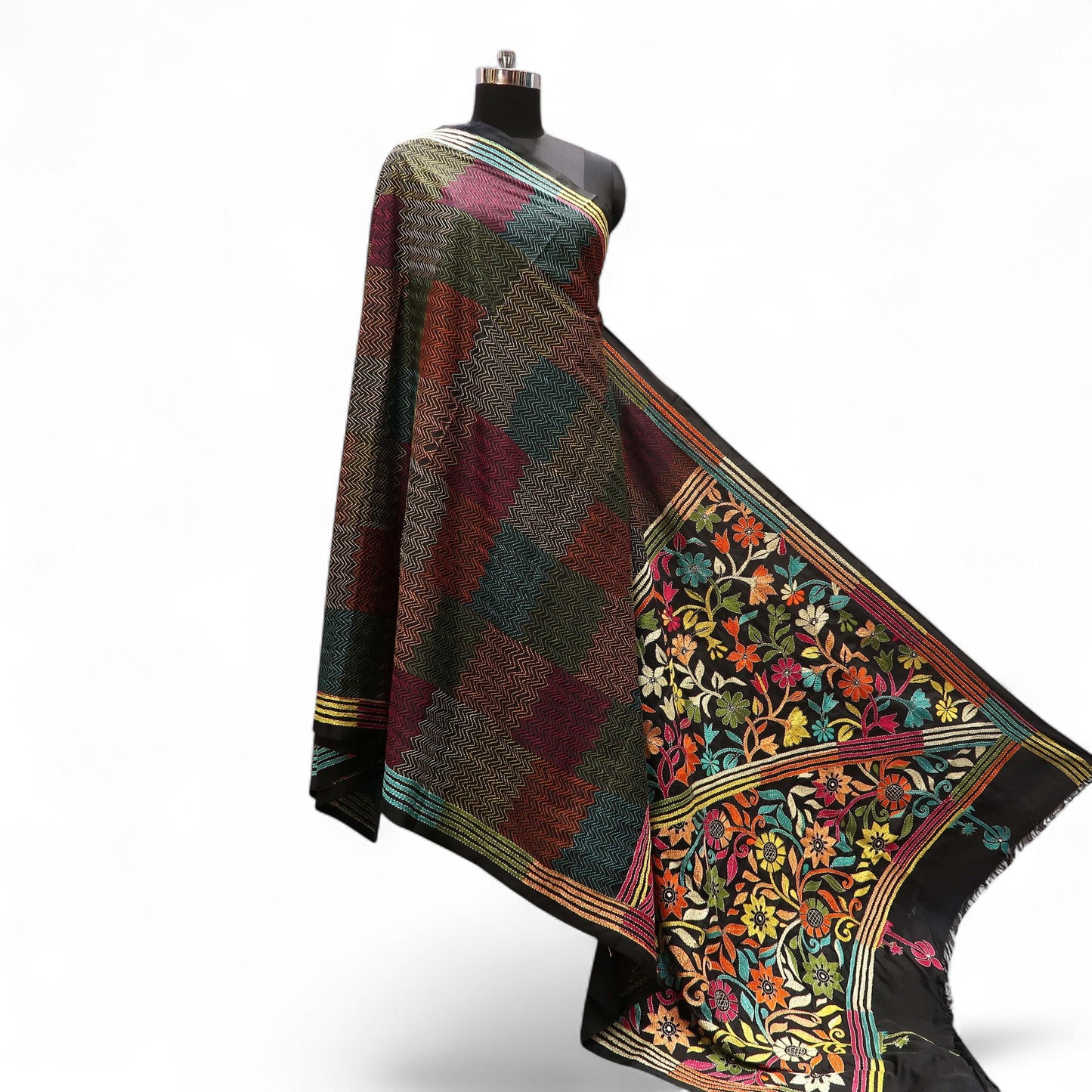 Black Katha Saree with Multicolour Floral Border