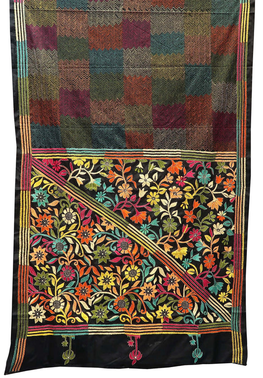 Black Katha Saree with Multicolour Floral Border