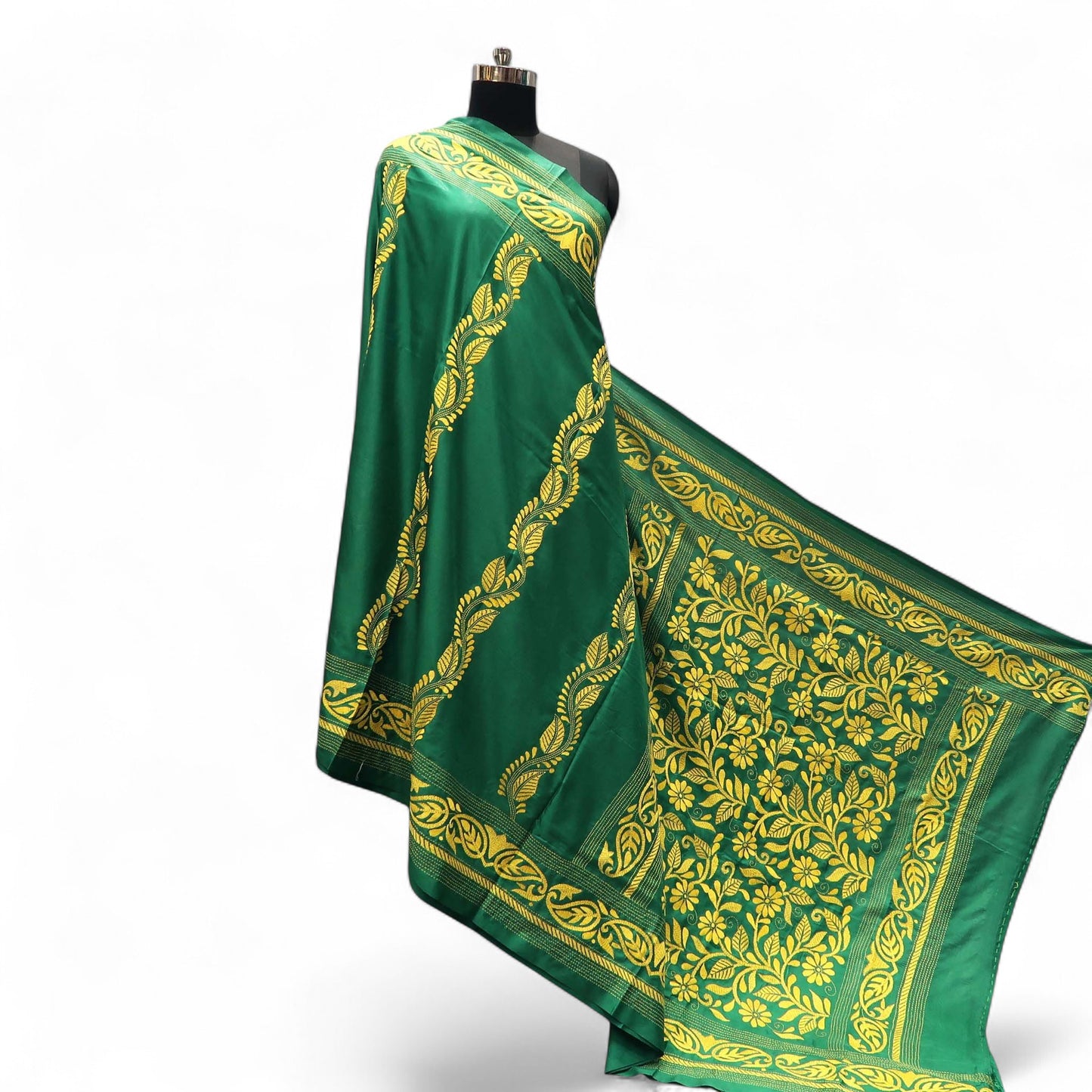 Emerald Green Kantha Embroidered Saree with Yellow Motifs