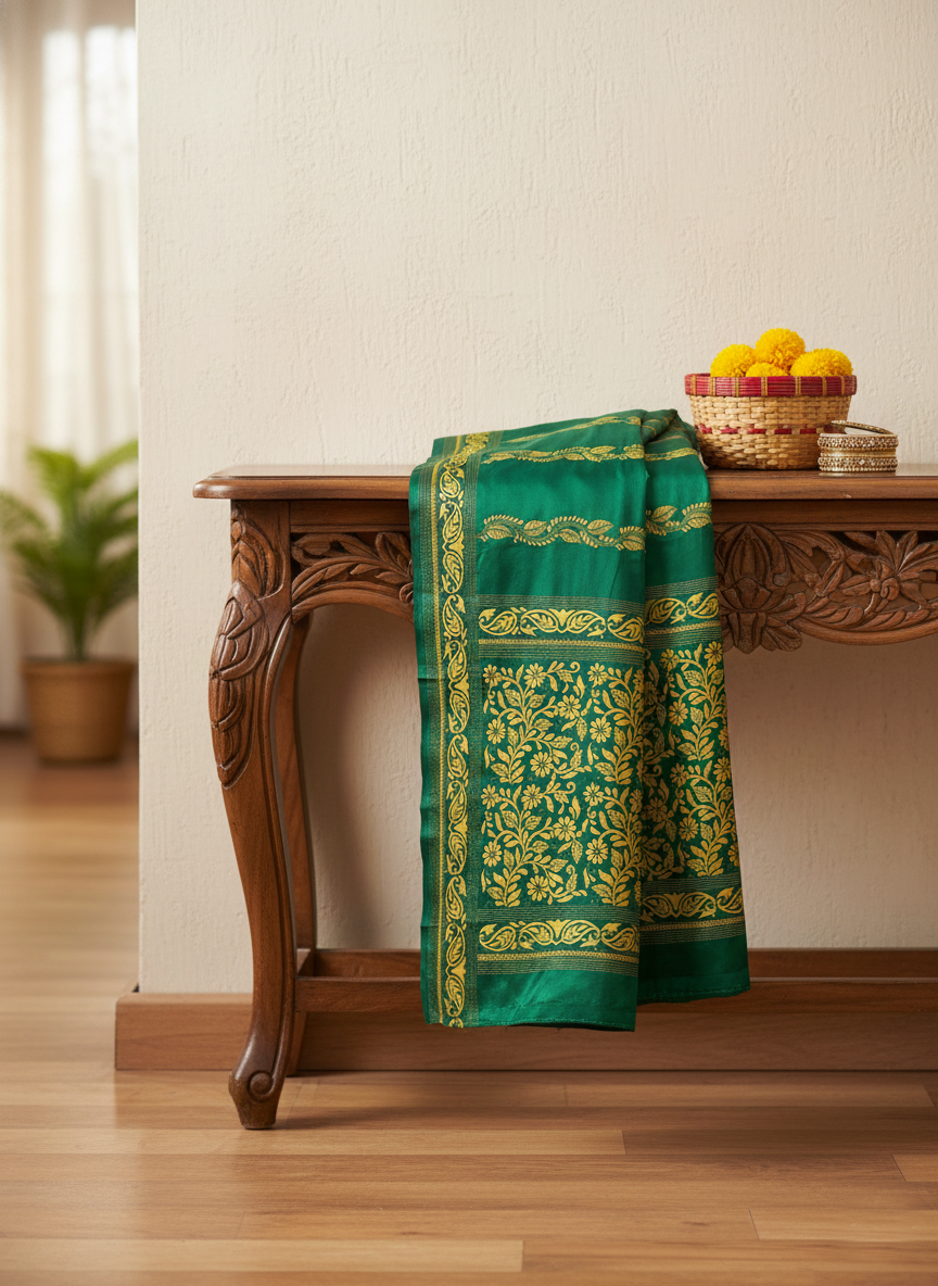 Emerald Green Kantha Embroidered Saree with Yellow Motifs