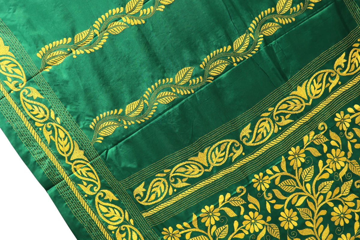 Emerald Green Kantha Embroidered Saree with Yellow Motifs
