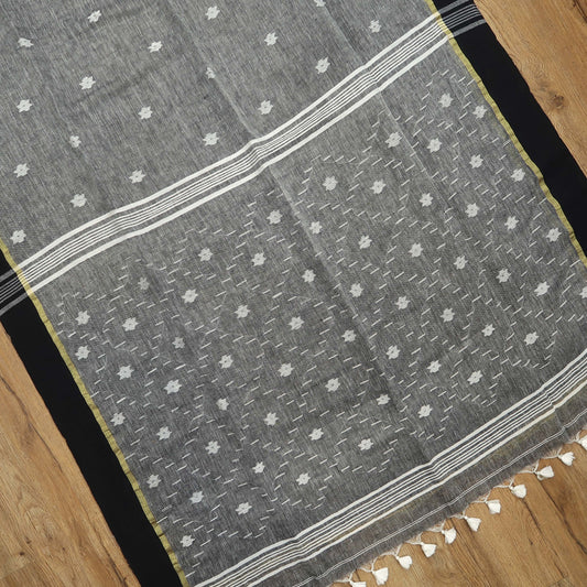 Designer Linen Saree with Dense Pallu Motifs & Golden-Edged Border