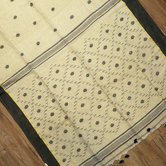 Designer Linen Saree with Dense Pallu Motifs & Golden-Edged Border