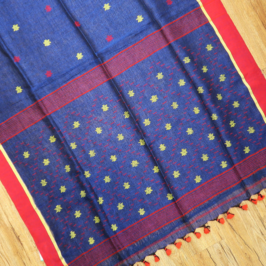 Designer Linen Saree with Dense Pallu Motifs & Golden-Edged Border