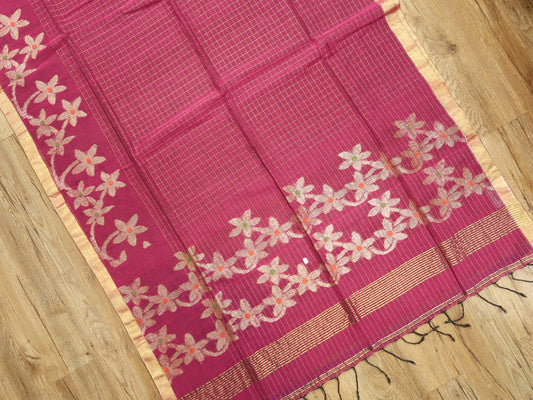 Pure Linen Saree with Floral Jaal Work & Checks Weave