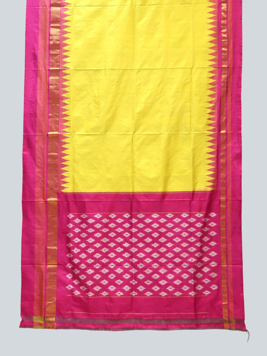 Pure Pochampalli Silk Saree in Lemon Yellow with Magenta Contrast